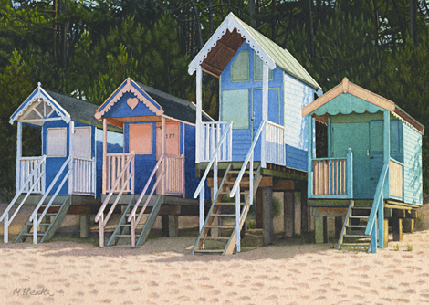 A painting of beach huts and oine trees at Wells-Next-The-Sea, Norfolk by Margaret Heath RSMA.